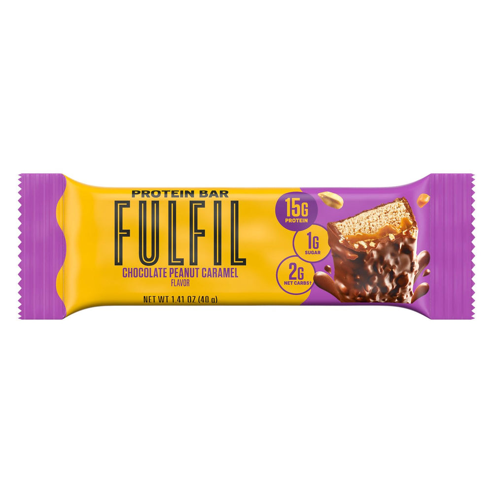 FULFIL bar close-up shows real peanuts and rich chocolate topping