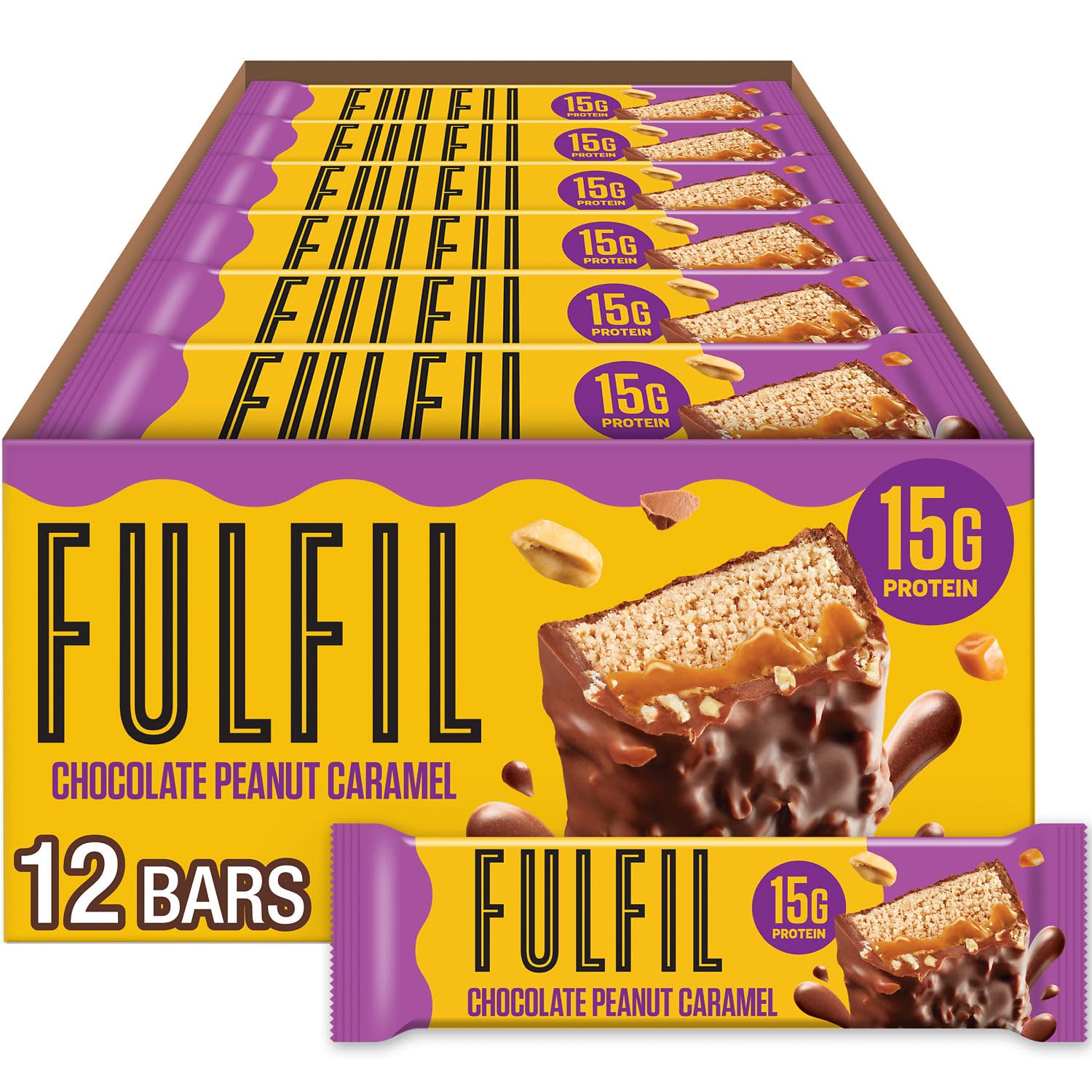 FULFIL chocolate peanut caramel bar unwrap reveals layered snack texture