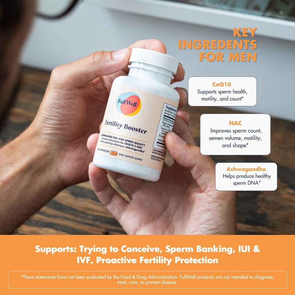 Close-up of CoQ10 capsules from FullWell Fertility Booster with enhanced bioavailability.