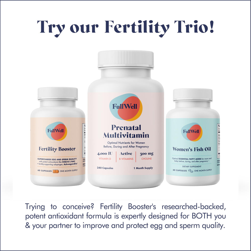 FullWell Fertility Booster on a kitchen counter beside a glass of water.