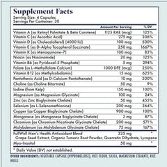 FullWell Fertility Multivitamin bottle label closeup highlights folate and choline for nutrient balance