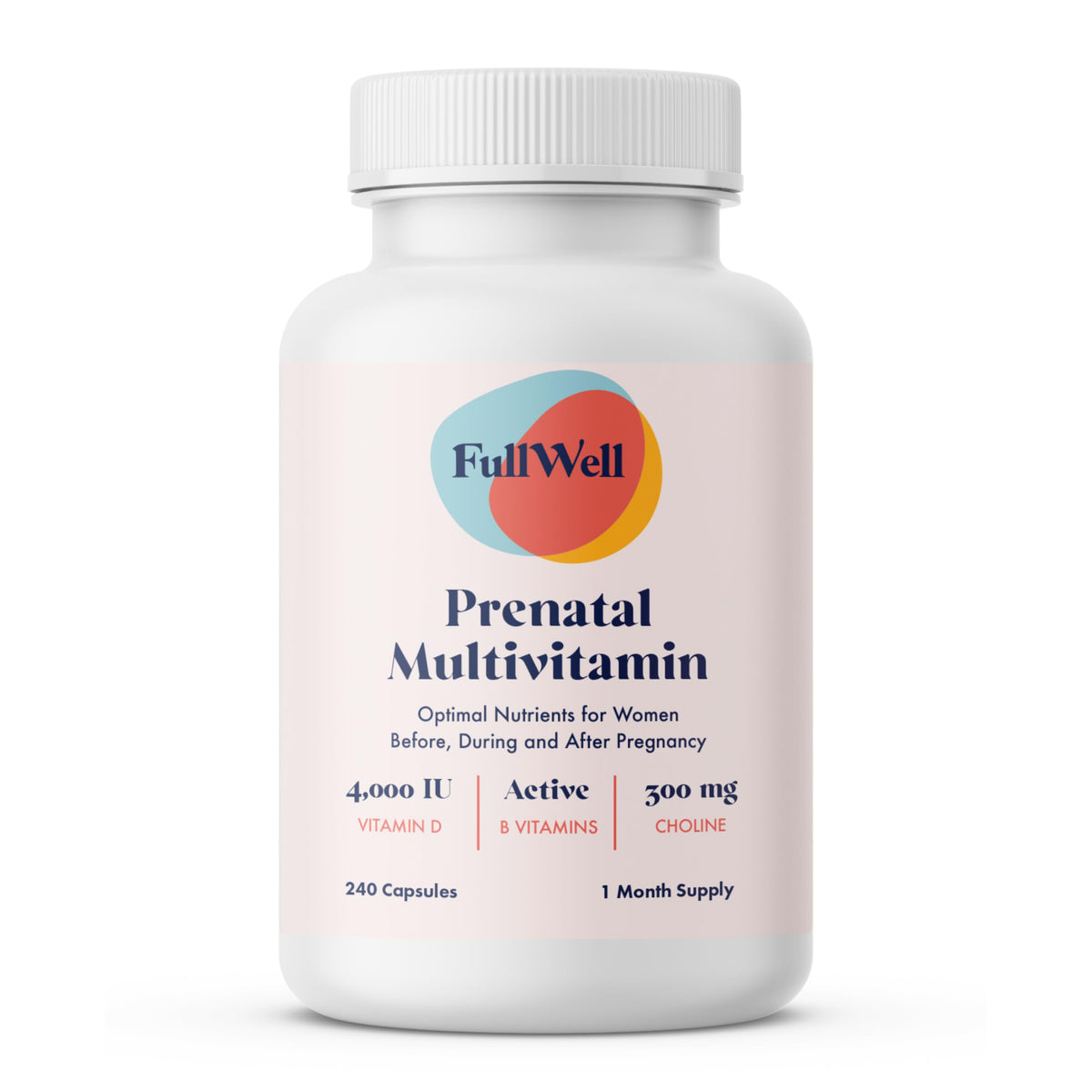 FullWell Prenatal bottle front label highlights 26+ nutrients for potential fetal development support.