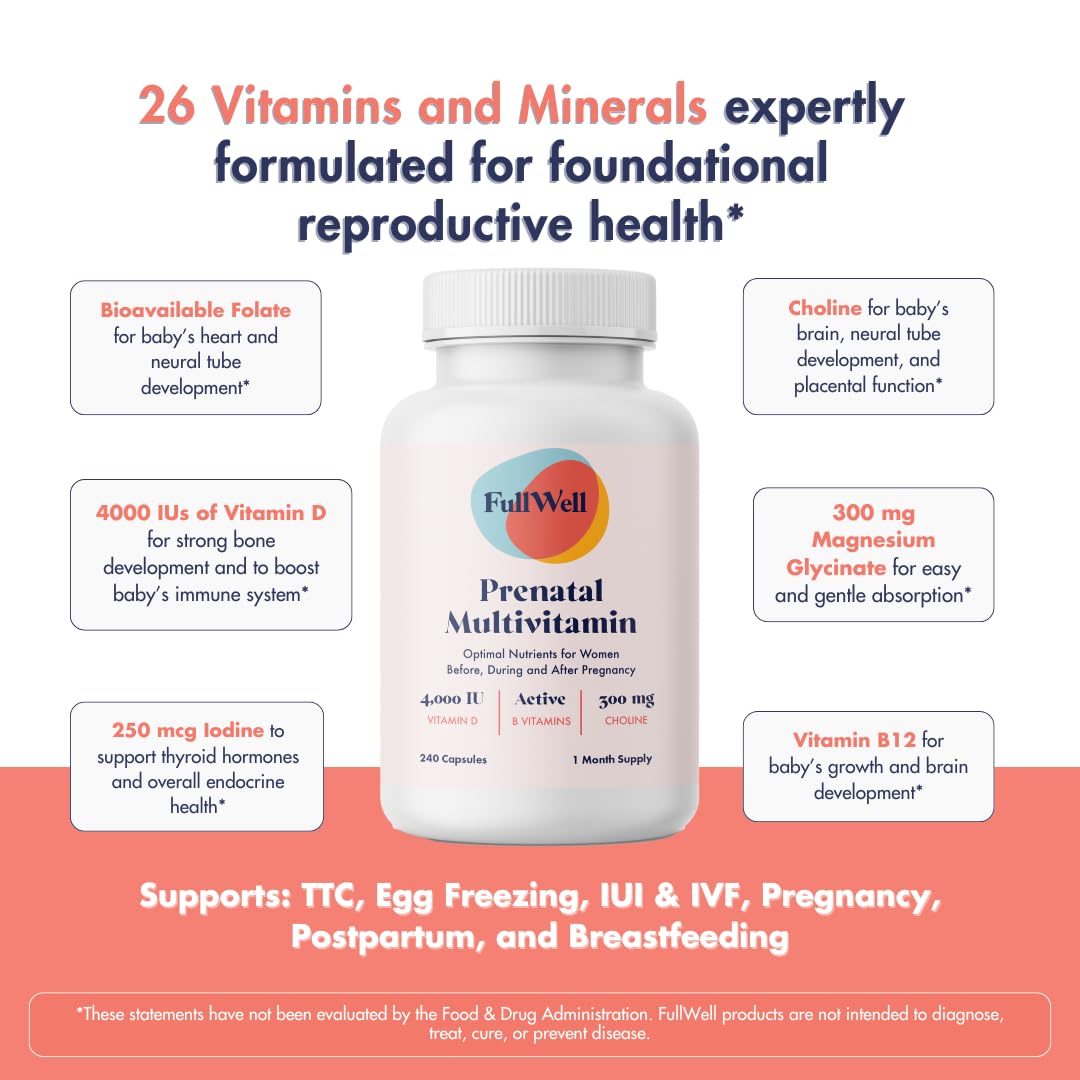 FullWell Prenatal label detail reveals vegan-friendly, non-GMO formulation.