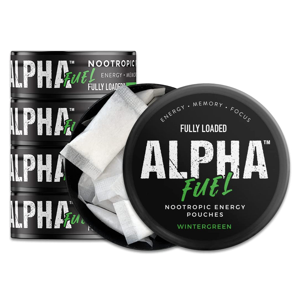 Fully Loaded Alpha Fuel wintergreen pouch in hand for on-the-go energy.