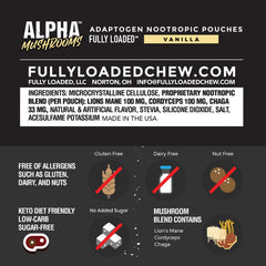 Fully Loaded Alpha Mushroom Pouch vanilla label closeup, highlights Lion's Mane, Cordyceps, and Chaga.