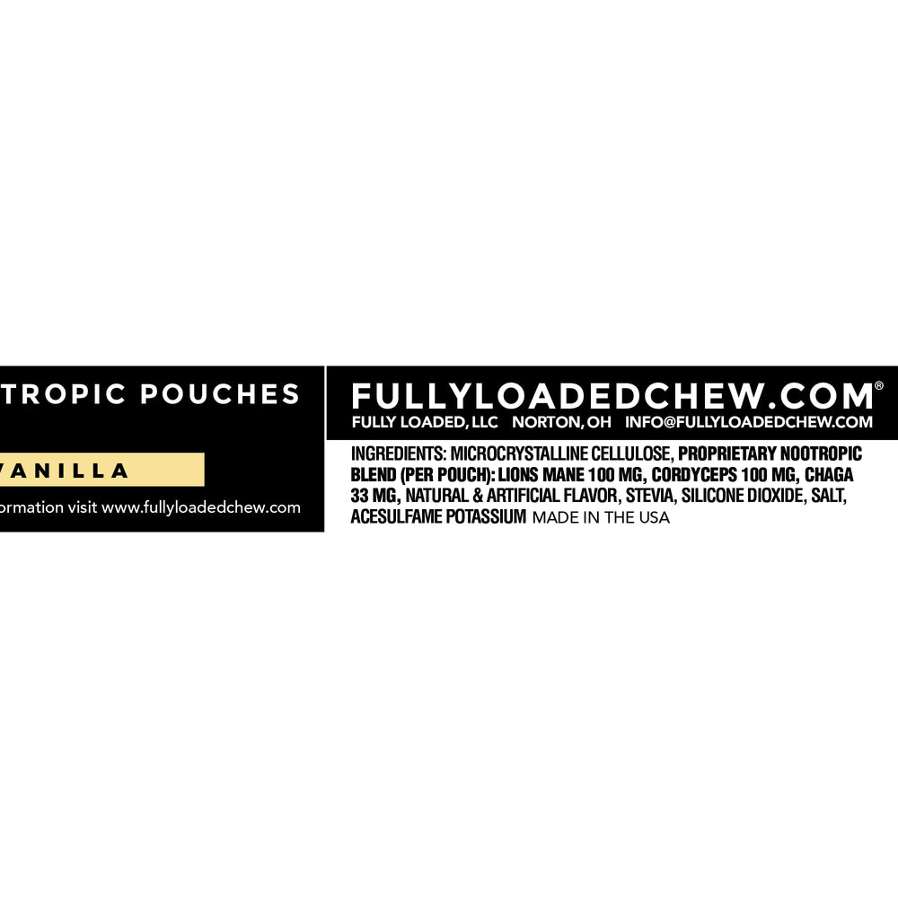 Fully Loaded Alpha Mushroom Pouch vanilla open pouch, discreet portable format.