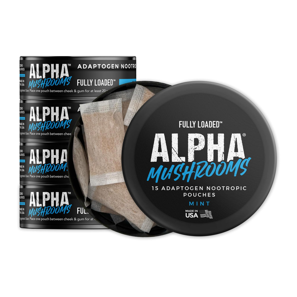 Fully Loaded Alpha Mushrooms mint can; convenient on-the-go focus boost.