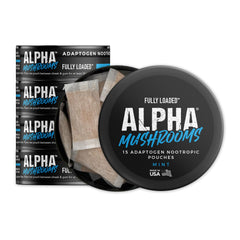 Fully Loaded Alpha Mushrooms mint can; convenient on-the-go focus boost.