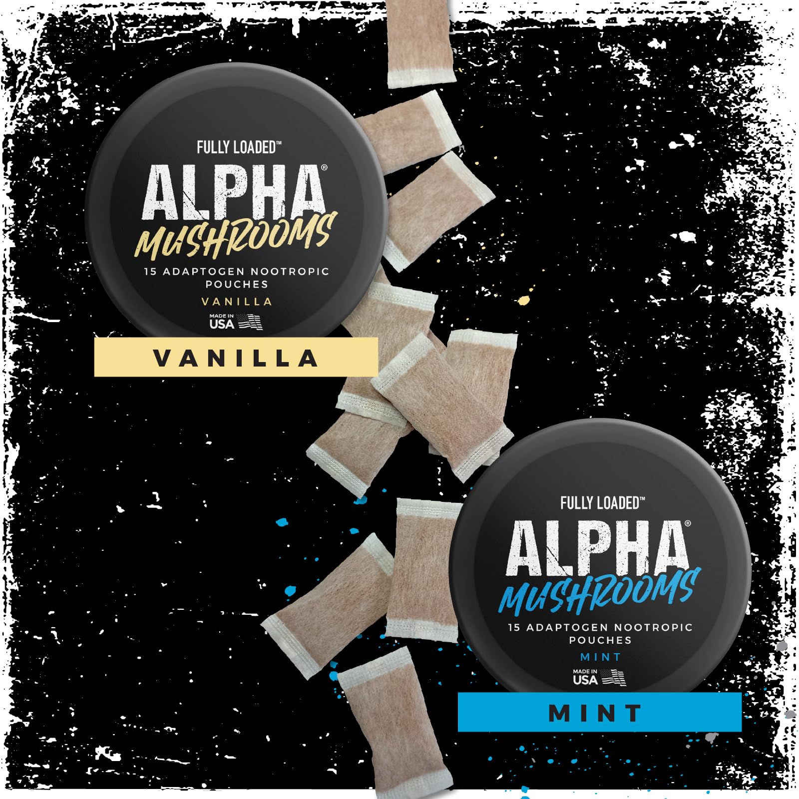 Fully Loaded Alpha Mushrooms mint ingredient icons show Lion's Mane, Cordyceps, Chaga blend.