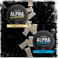 Fully Loaded Alpha Mushrooms mint ingredient icons show Lion's Mane, Cordyceps, Chaga blend.