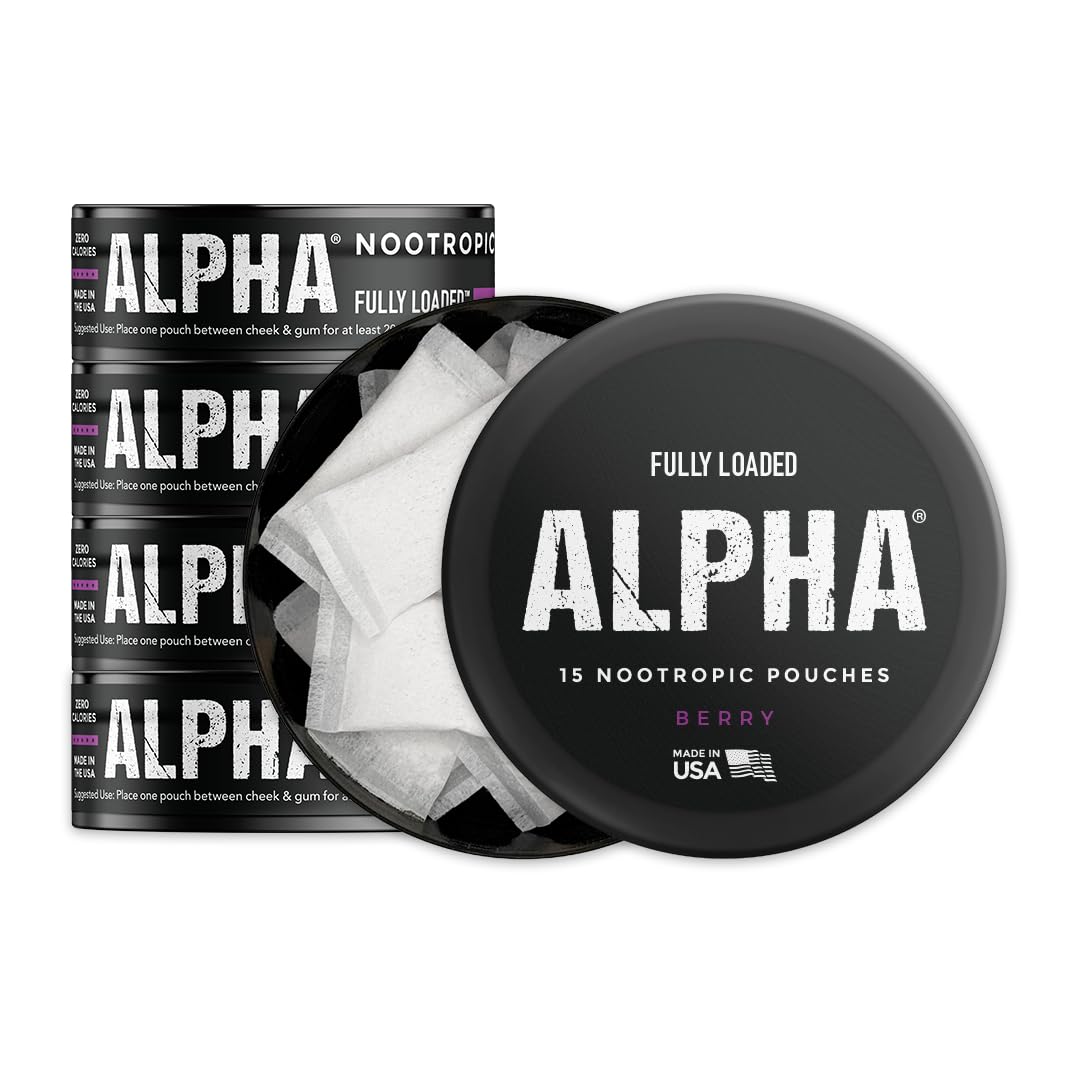 Fully Loaded Bullseye Alpha Nootropic Pouches Berry can front, highlighting convenient nicotine replacement.