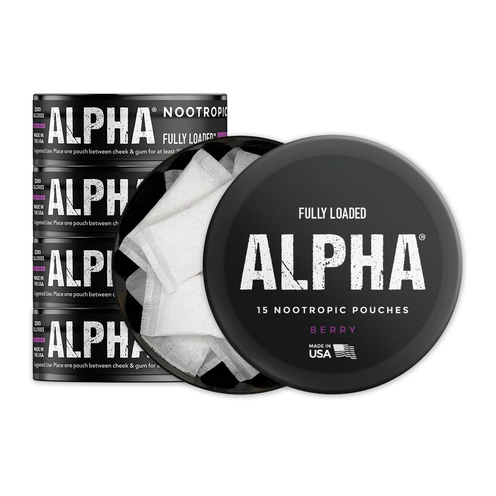 Fully Loaded Bullseye Alpha Nootropic Pouches Berry can front, highlighting convenient nicotine replacement.