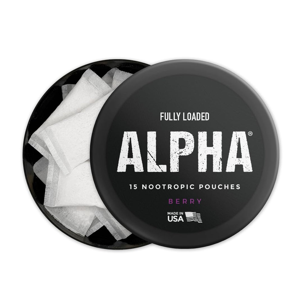 Fully Loaded Bullseye Alpha Nootropic Pouches Berry close-up label with GABA.