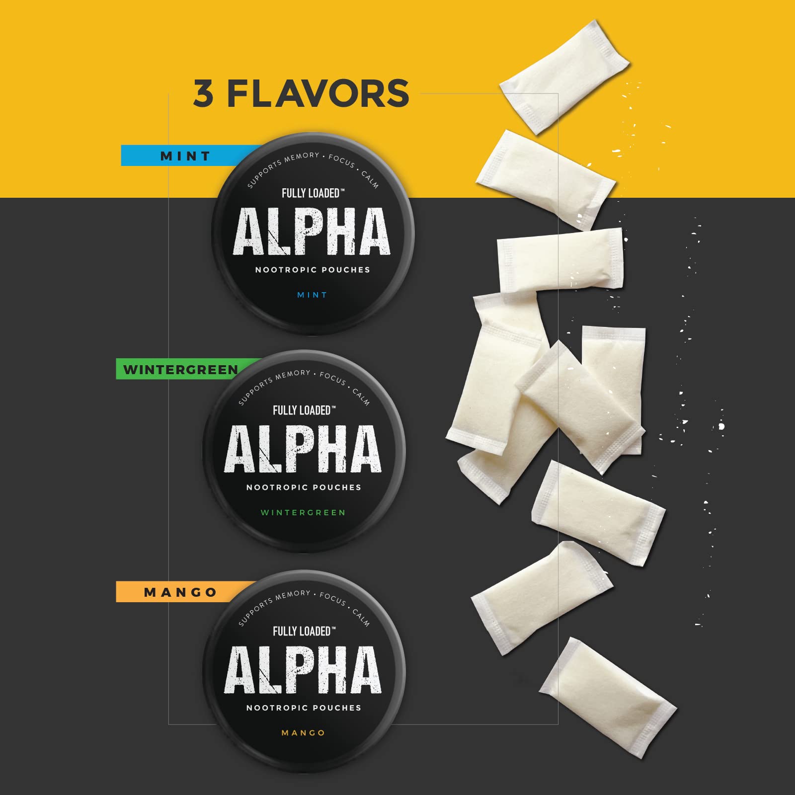 Open pack of Fully Loaded Bullseye Alpha Nootropic Mint pouches
