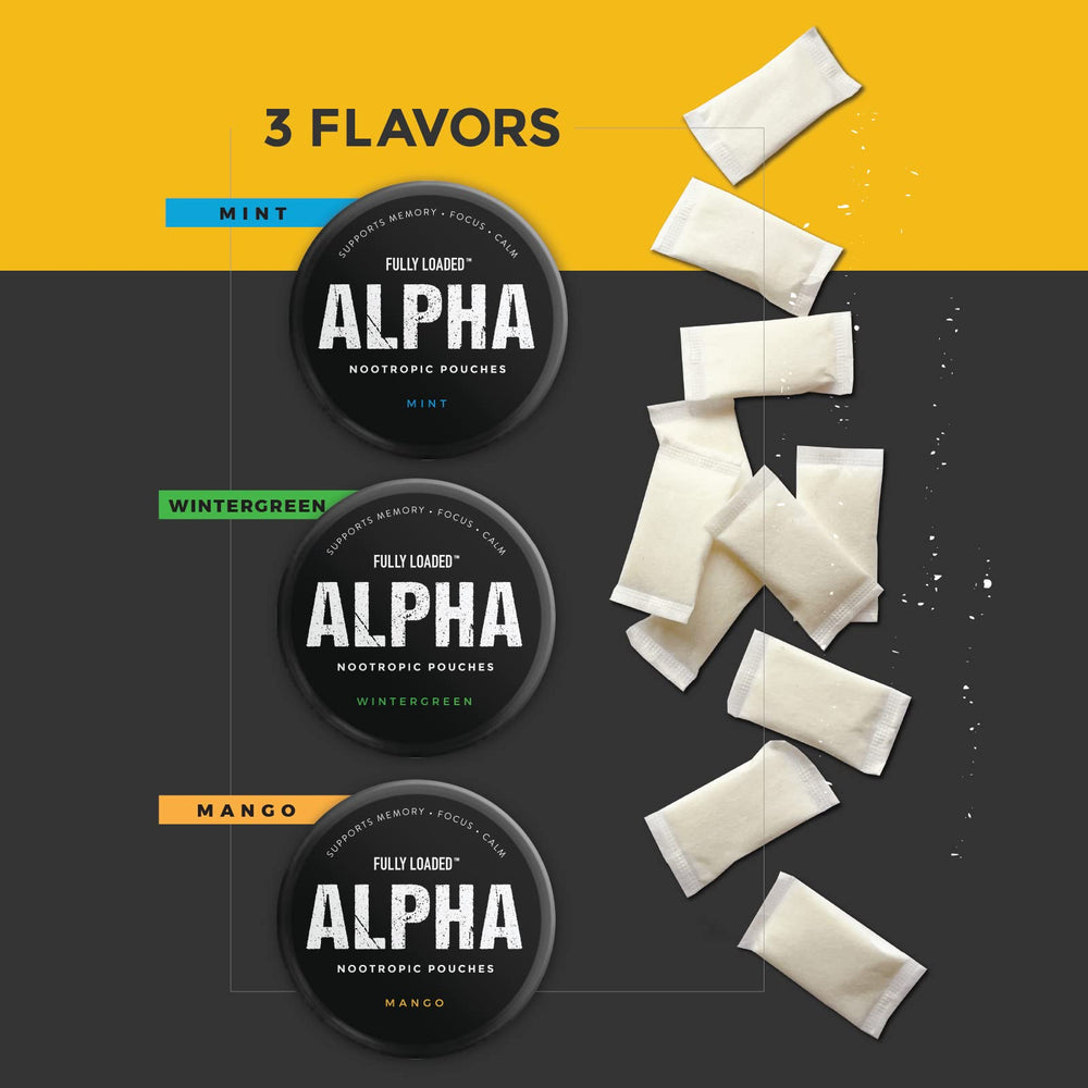 Open pack of Fully Loaded Bullseye Alpha Nootropic Mint pouches