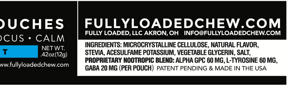 Mint flavor packaging for Fully Loaded Bullseye Alpha Nootropic pouches
