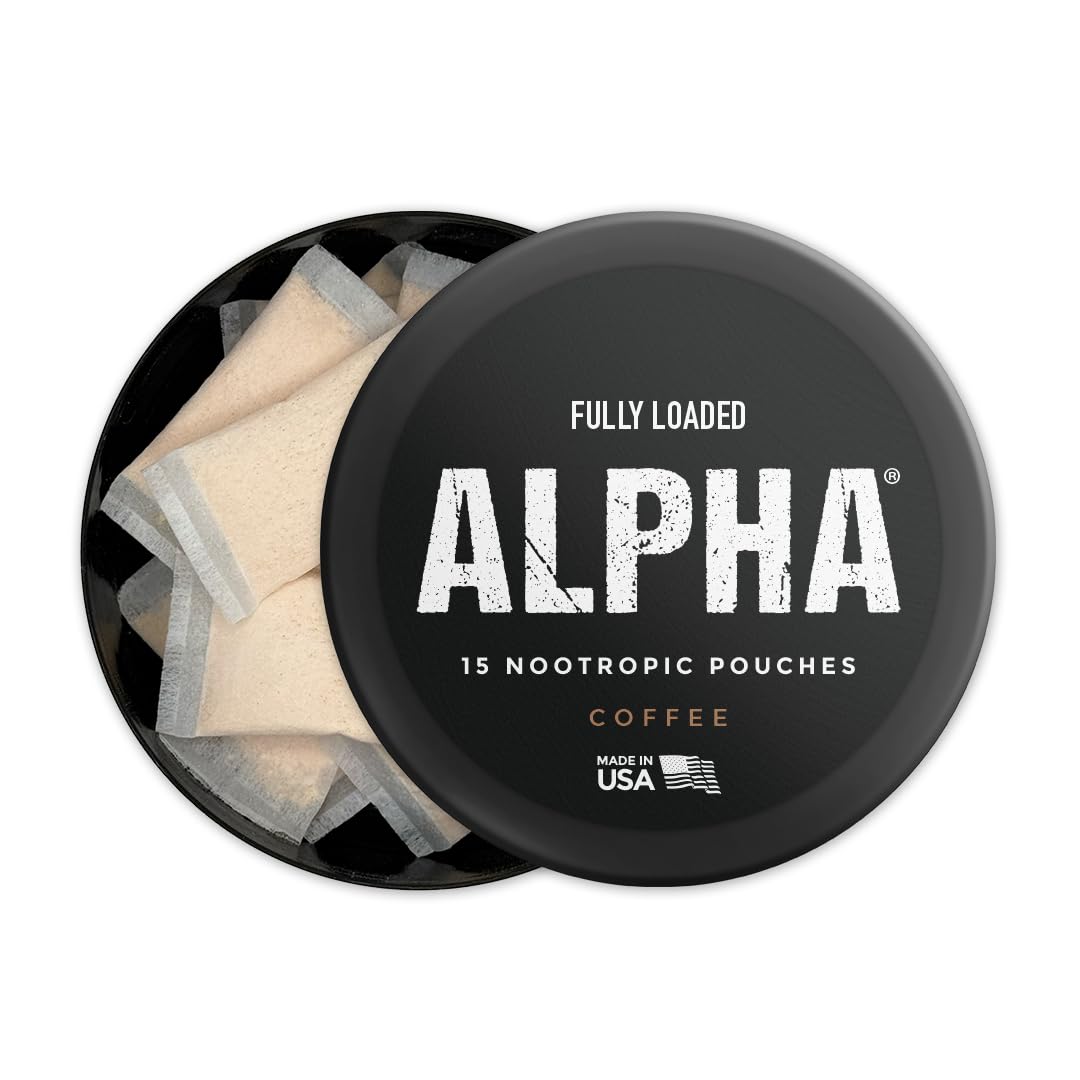 Fully Loaded Bullseye Alpha nootropic pouches pack open showing 15 pouches per can