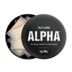 Fully Loaded Bullseye Alpha nootropic pouches pack open showing 15 pouches per can
