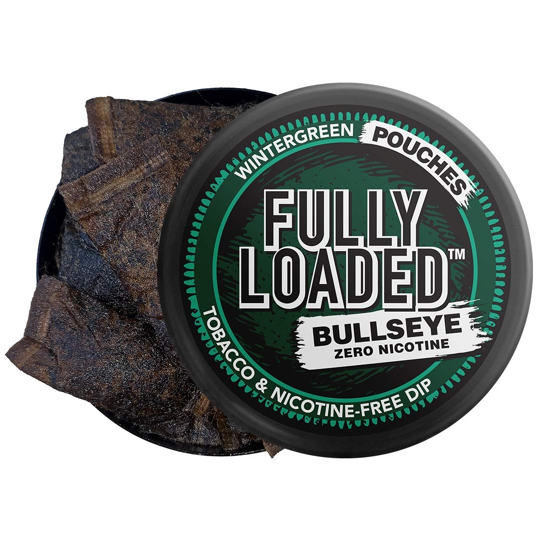 Fully Loaded Bullseye chew wintergreen pouches in hand for discreet on-the-go use.
