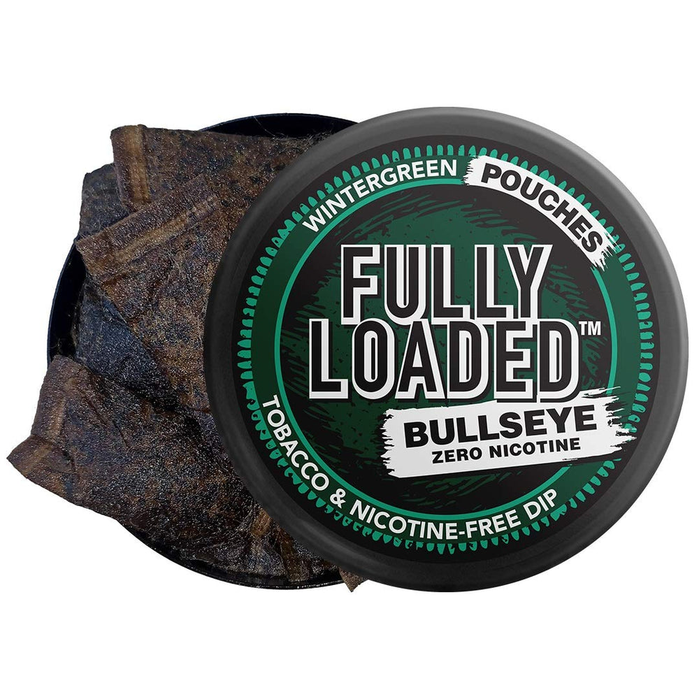 Fully Loaded Bullseye chew wintergreen pouches in hand for discreet on-the-go use.