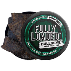 Fully Loaded Bullseye chew wintergreen pouches in hand for discreet on-the-go use.