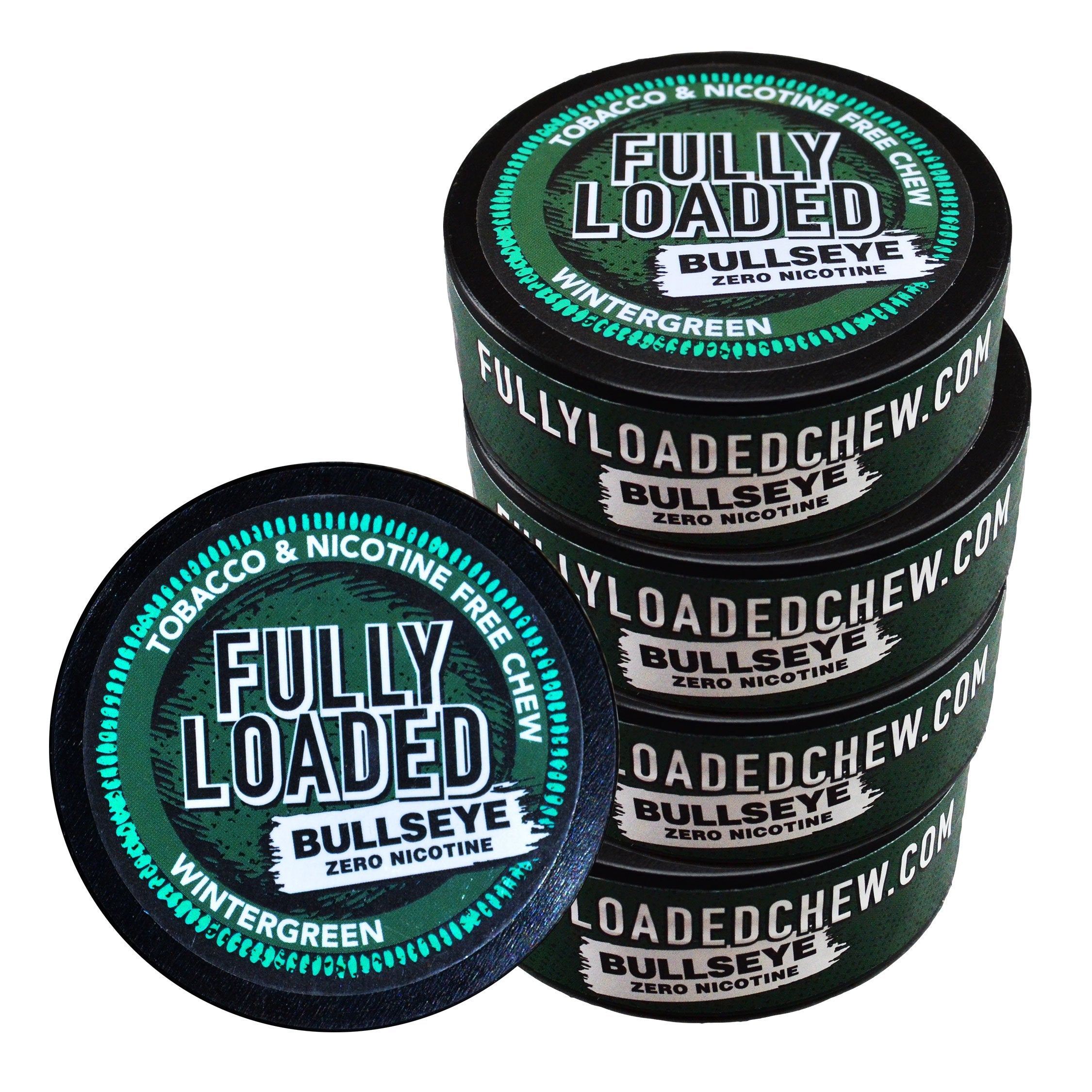 Closeup of Fully Loaded Bullseye Wintergreen Chew texture emphasizes authentic mouth feel safely.