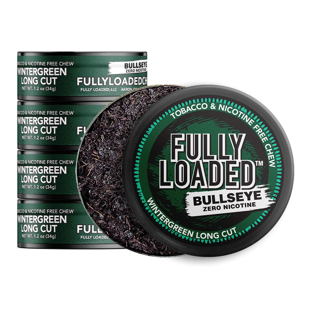 Fully Loaded Bullseye Wintergreen Chew pack shows convenient, nicotine-free dip alternative.