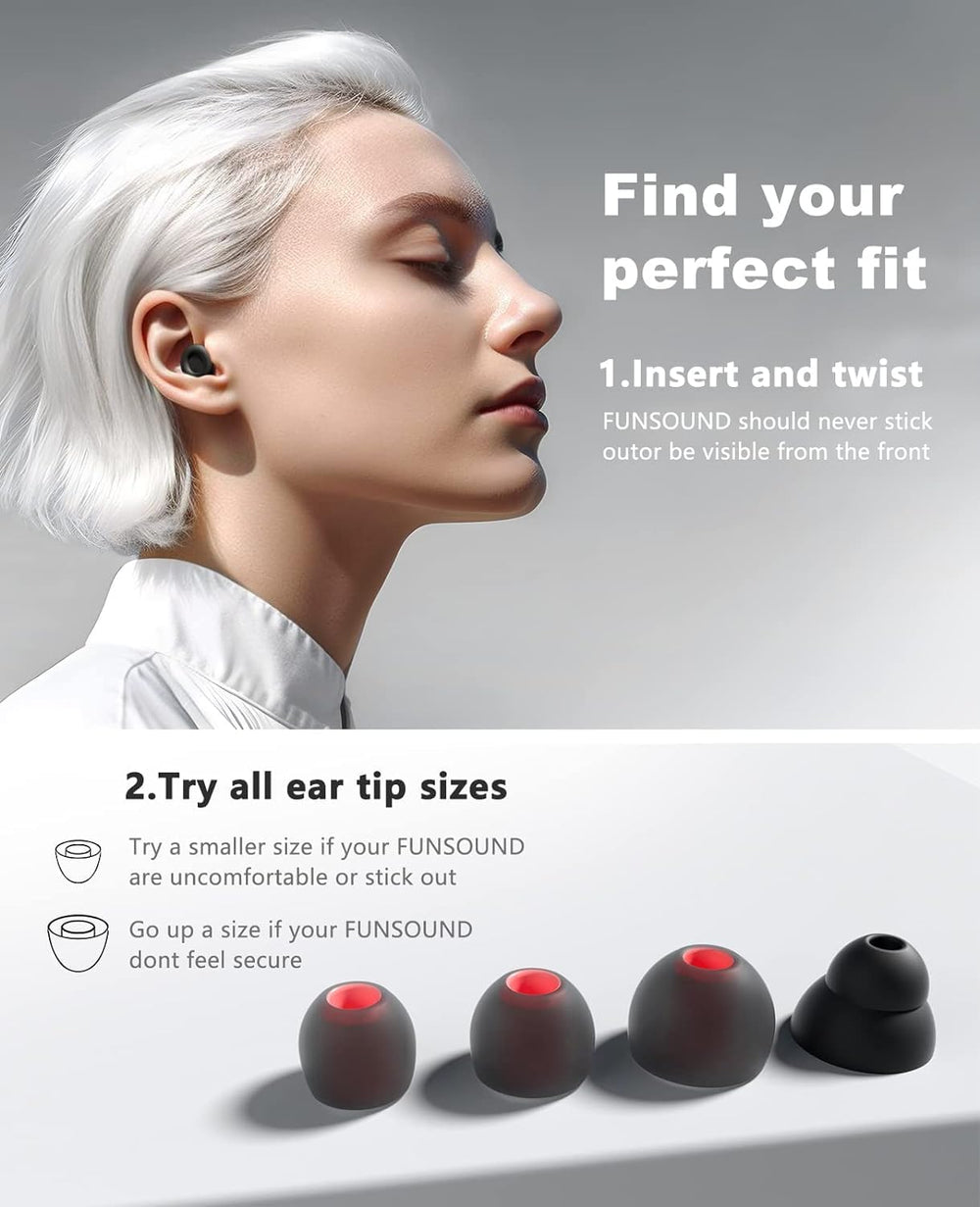 FUNSOUND fit guide demonstrating how to choose the right plug size.