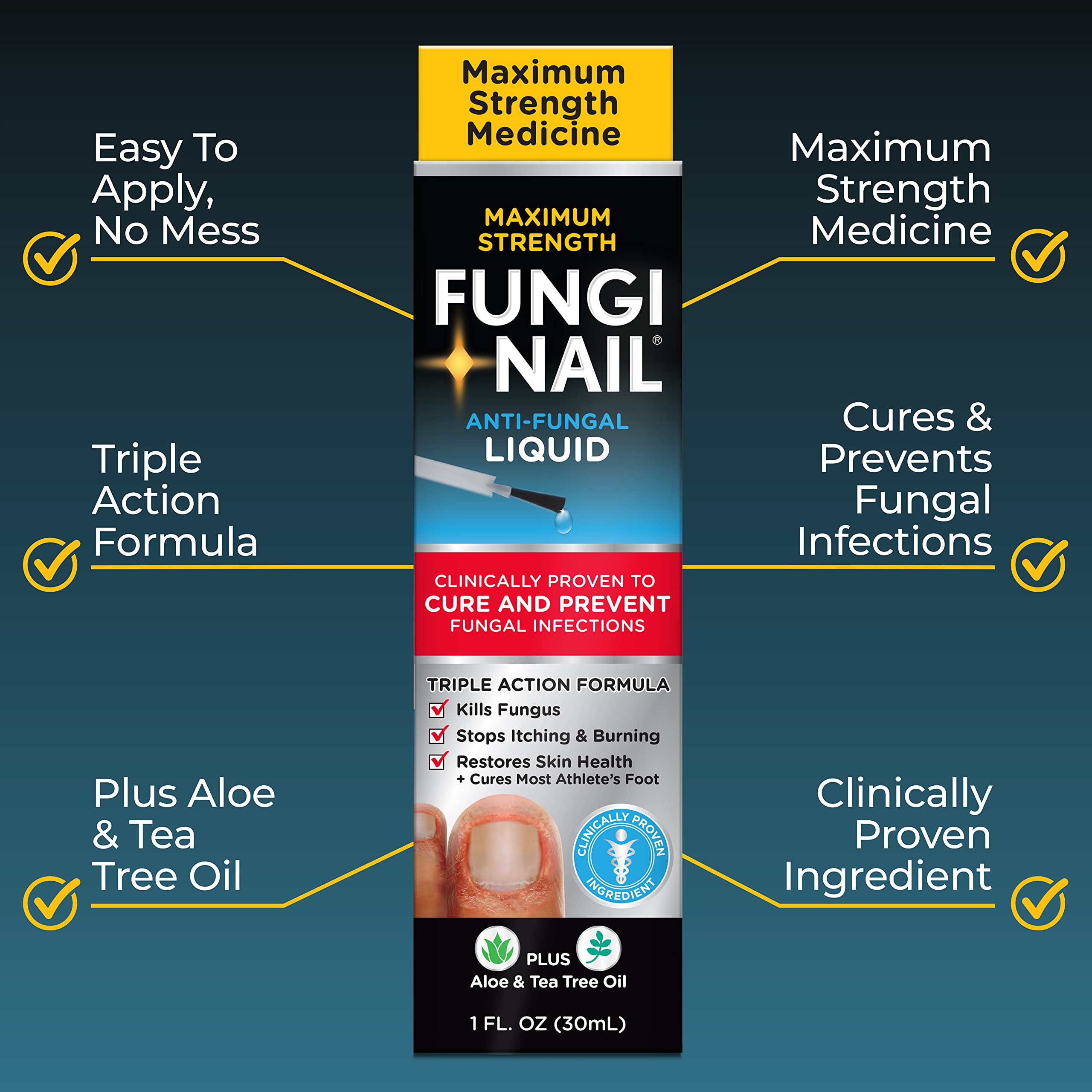 Fungi-Nail anti-fungal solution dispensing near the nail edge for easy use.