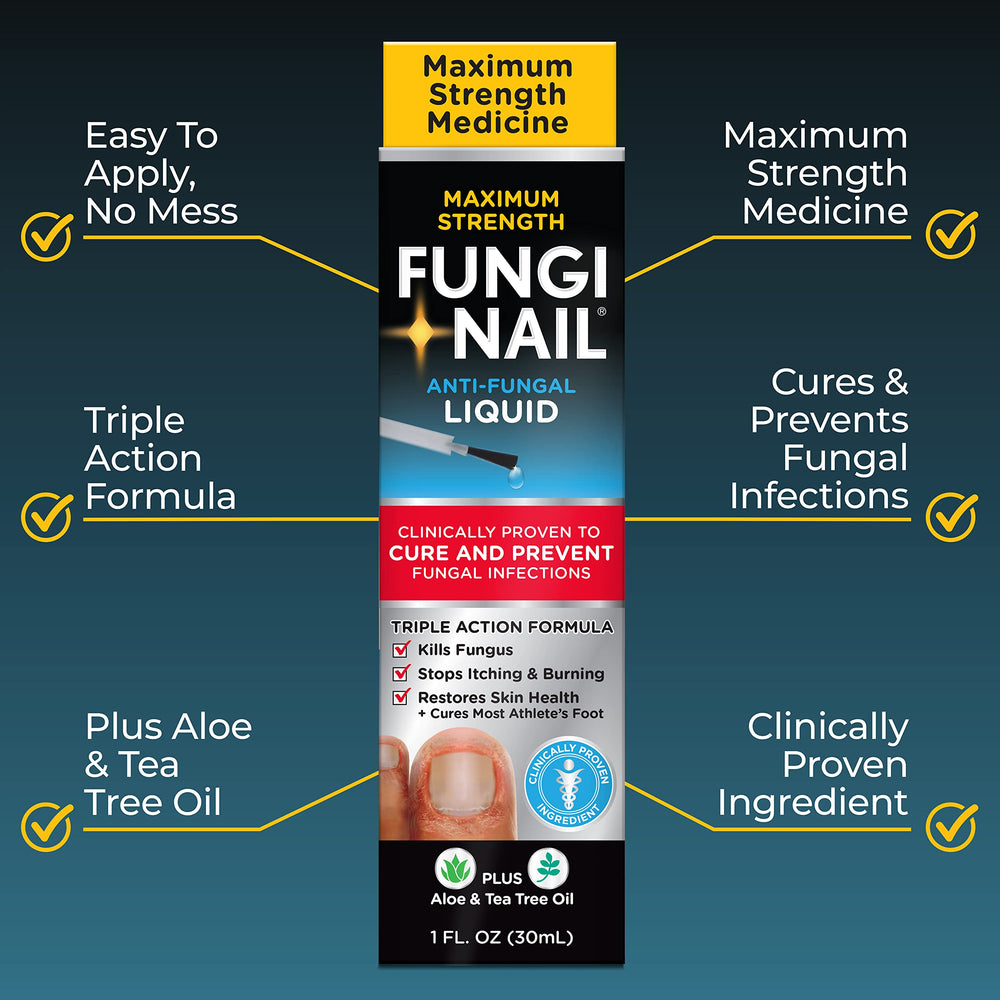 Fungi-Nail anti-fungal solution dispensing near the nail edge for easy use.