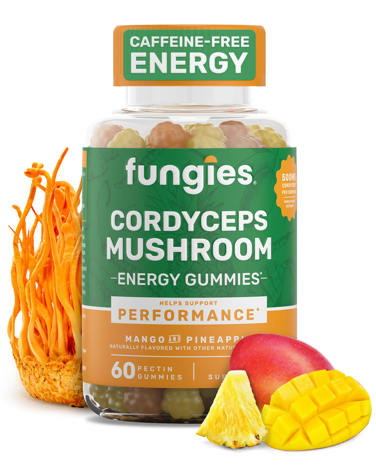 Fungies Cordyceps gummies bottle front offers convenient caffeine-free energy support.