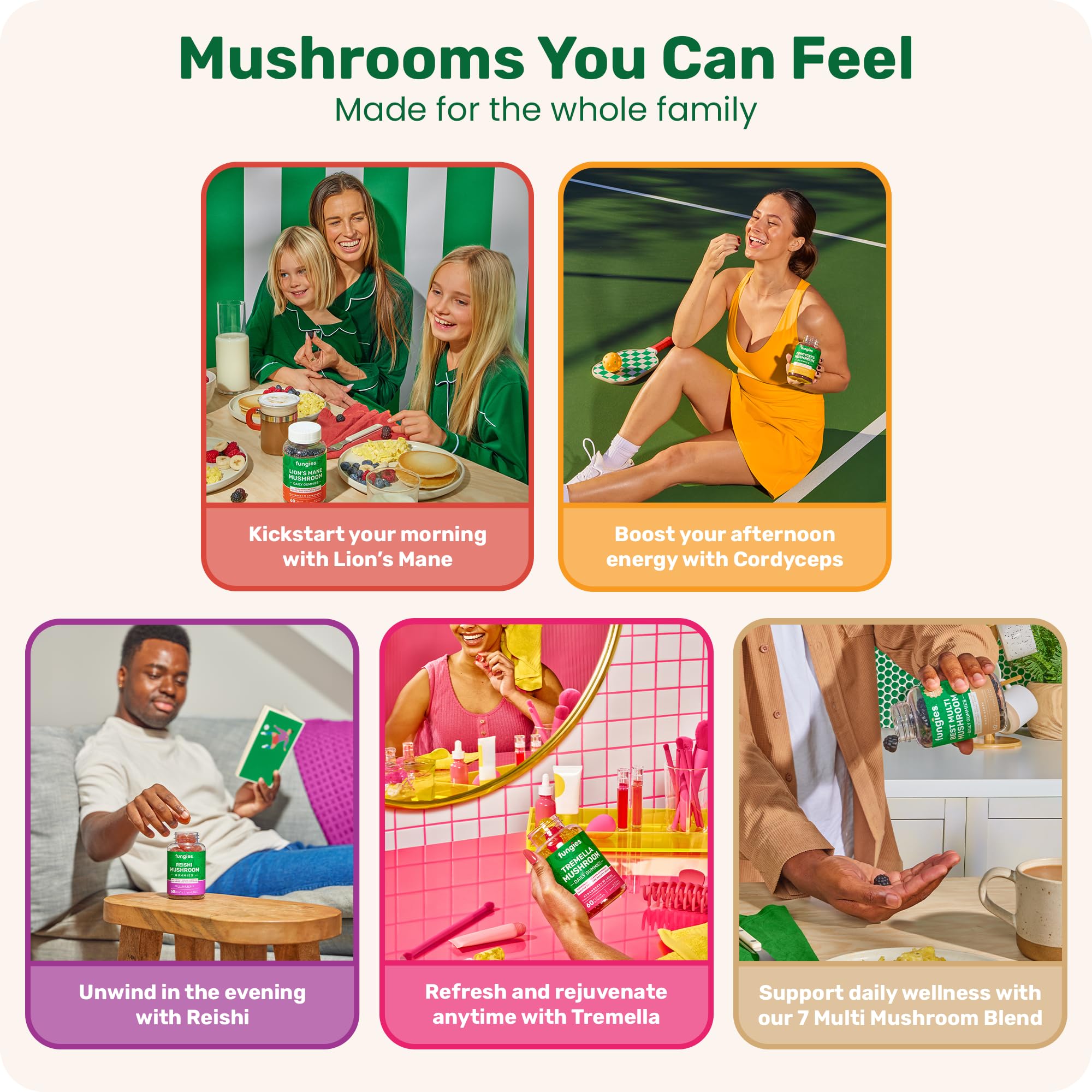 Fungies Cordyceps gummy vegan, non-GMO ingredients label visible.