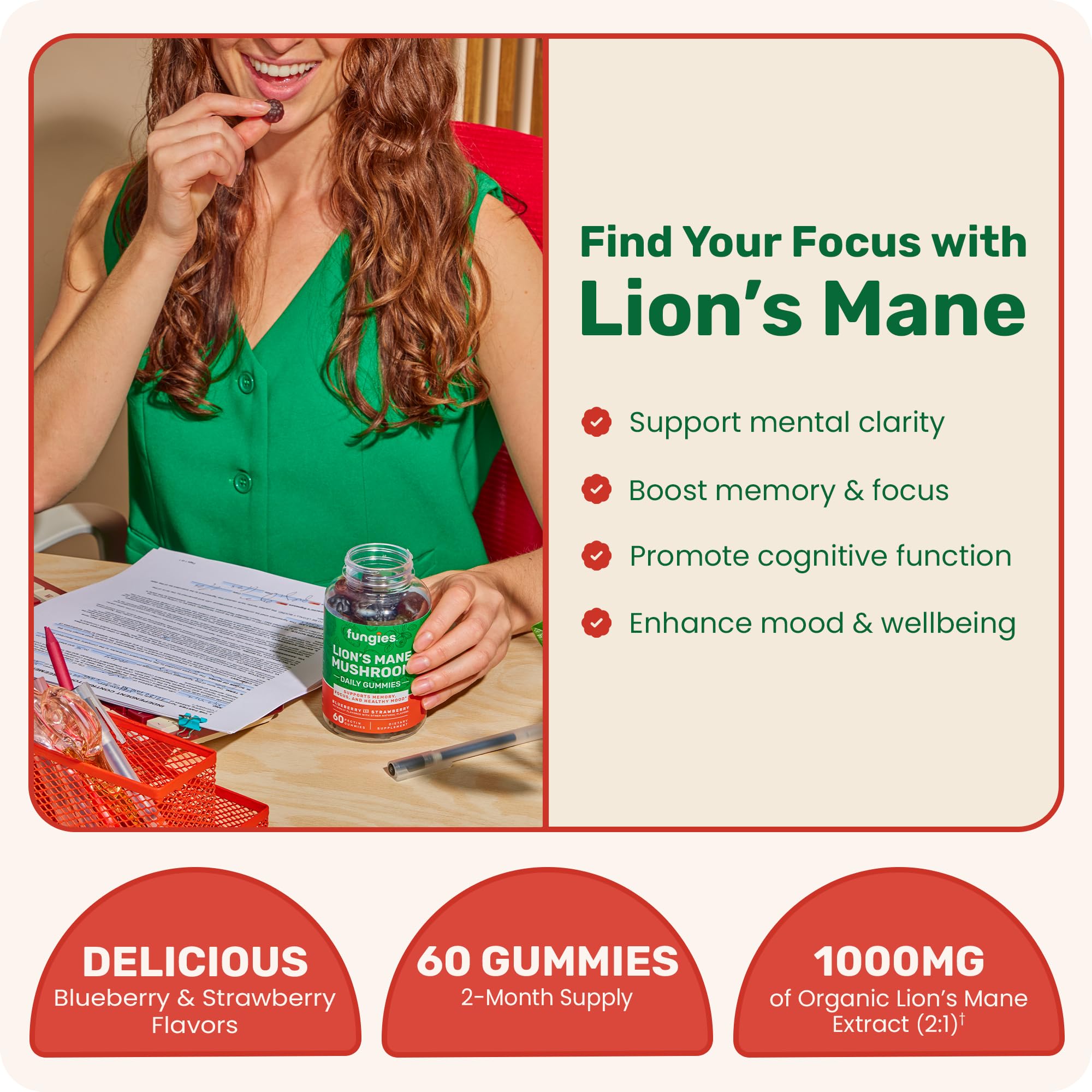 Fungies Lion’s Mane Gummies jar closeup highlighting tasty brain support