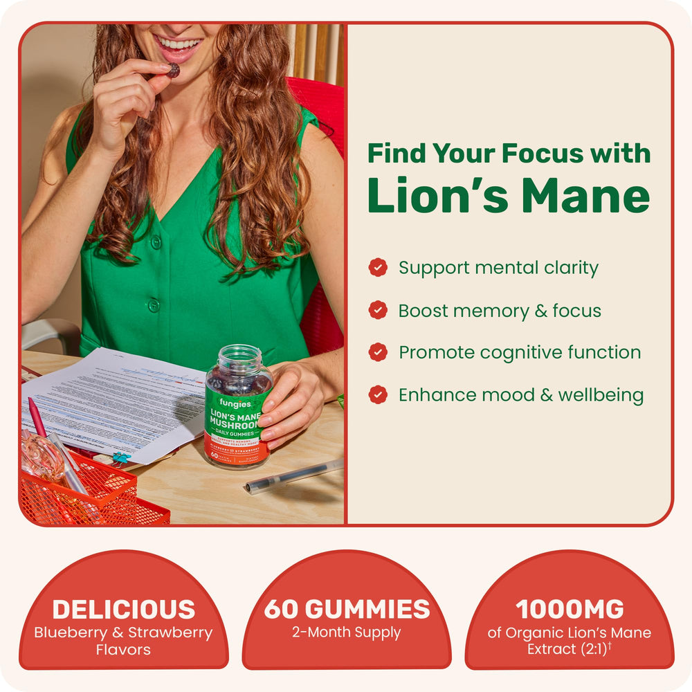 Fungies Lion’s Mane Gummies jar closeup highlighting tasty brain support
