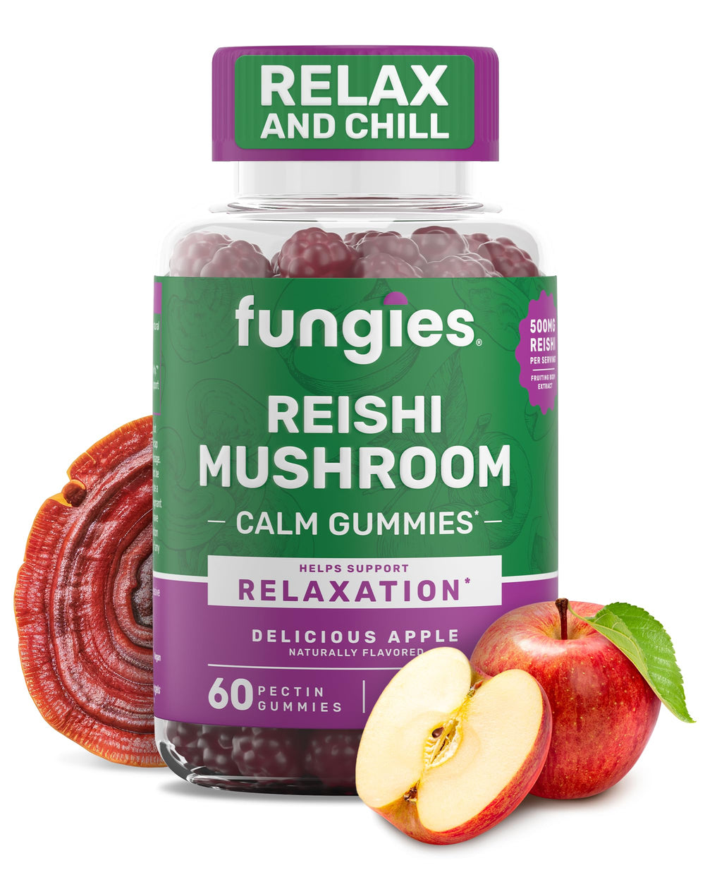 Fungies Reishi gummies bottle showing apple flavor for daily calm
