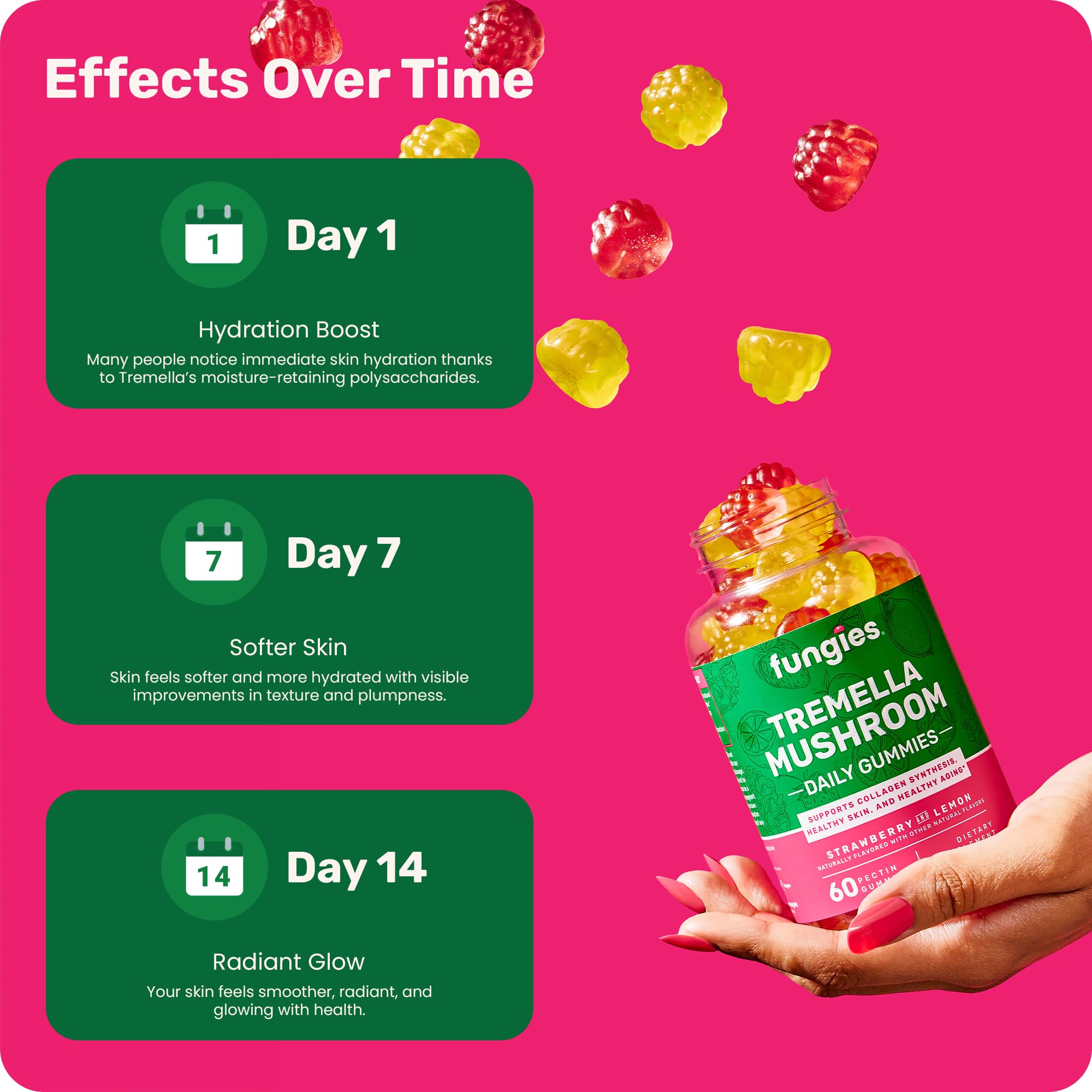 Fungies Tremella gummies ingredients panel reveals vegan, non-GMO formula.
