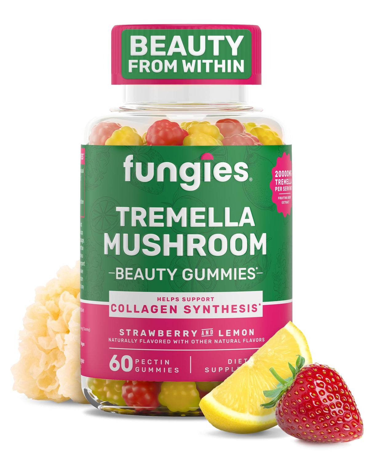 Fungies Tremella gummies bottle—strawberry-lemon flavor, promoting skin hydration.