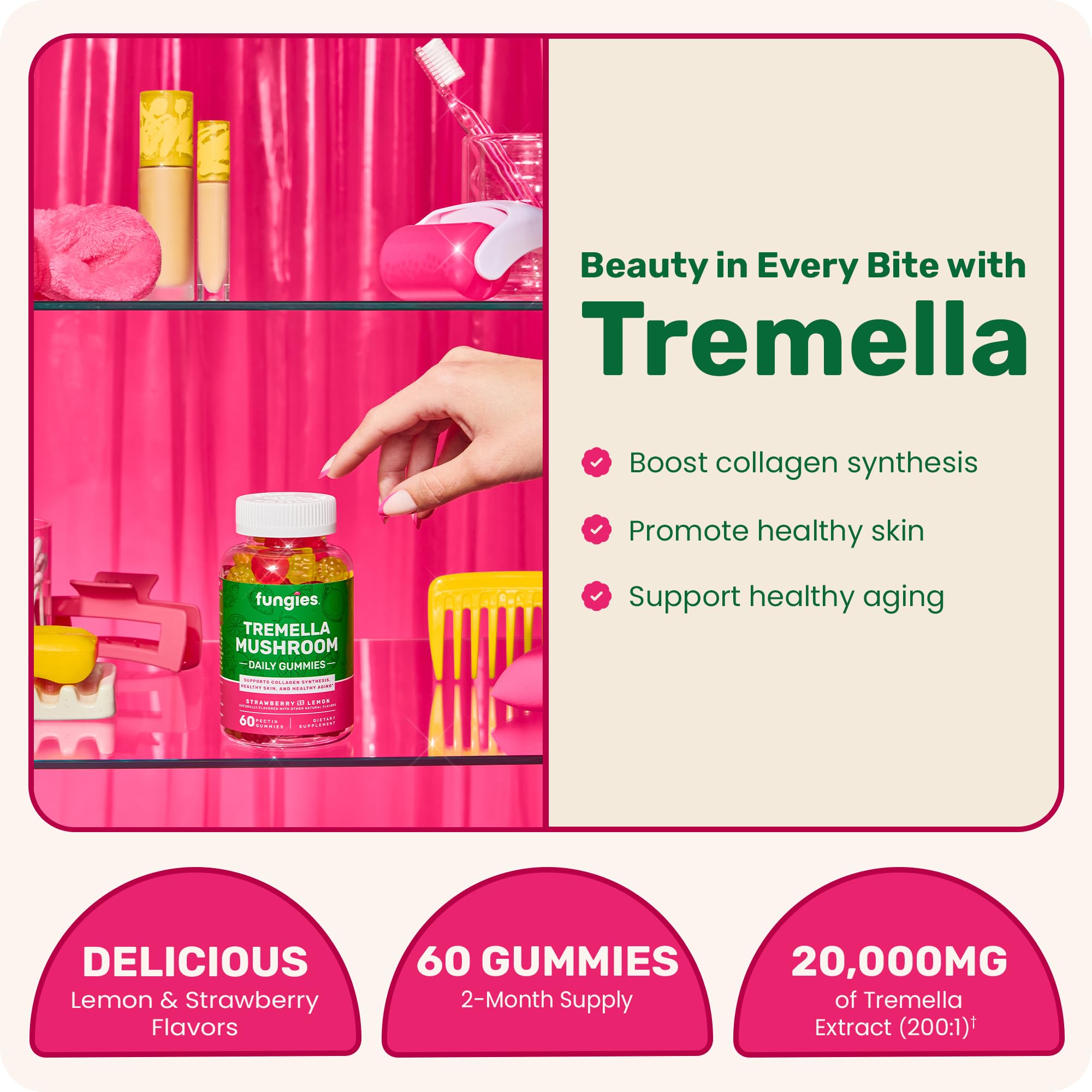 Fungies Tremella gummies jar—strawberry-lemon flavor supporting radiant skin.