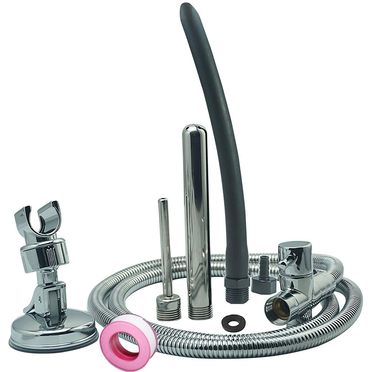 Funny Steel shower enema system hose extending 79 inches for flexible in-shower use.