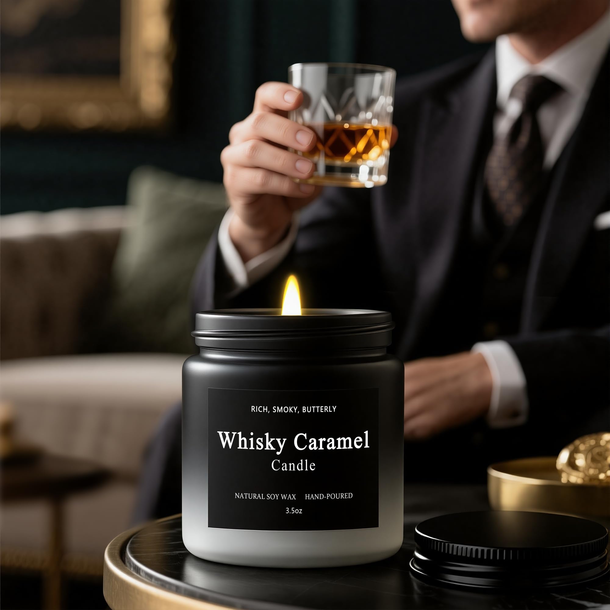 Furnizone whisky caramel candle glows with amber warmth