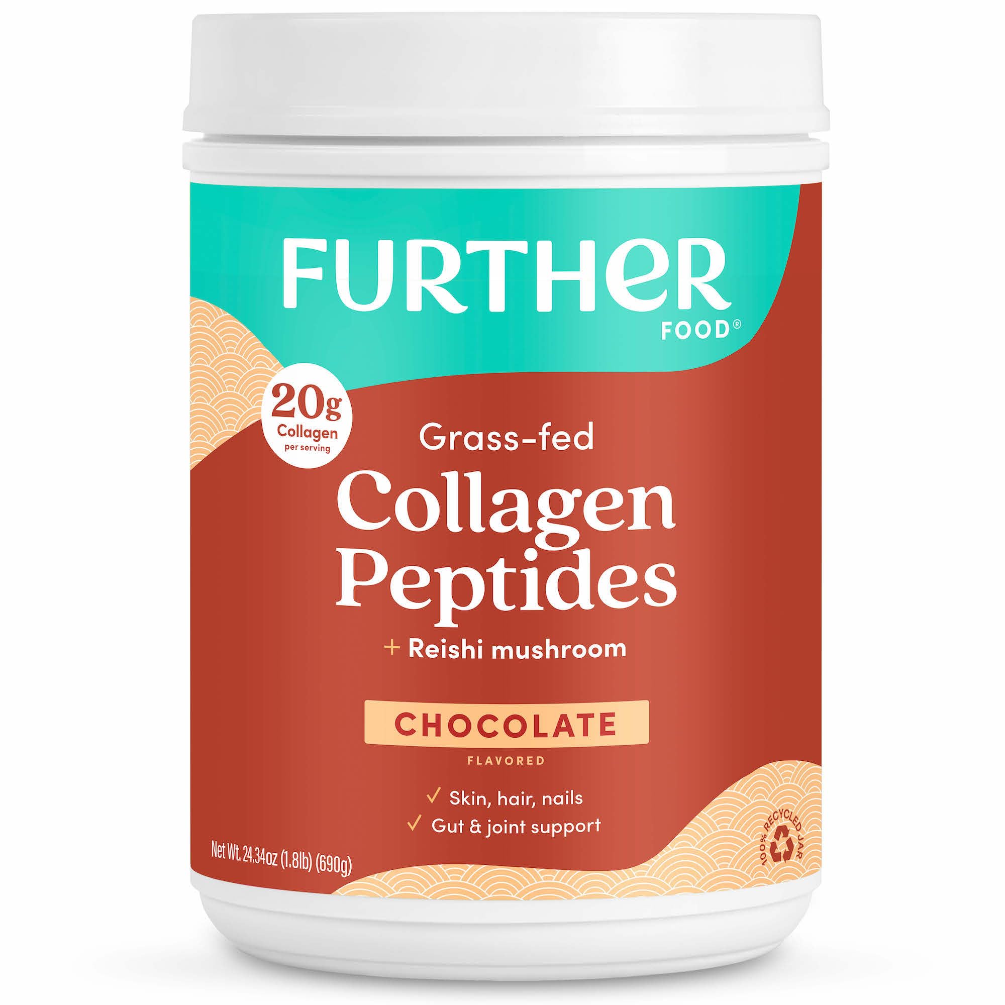Further Food Chocolate Collagen Powder in a jar supports daily skin and joint care.