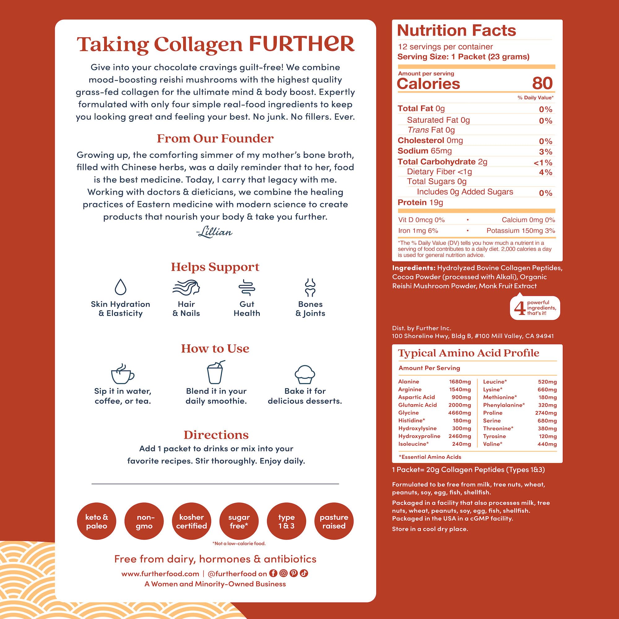 Further Food chocolate collagen stick pack serving, blends into coffee for a creamy boost.