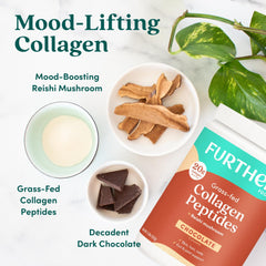 Further Food chocolate collagen stick pack with glass cup, ideal for hot cocoa rituals.