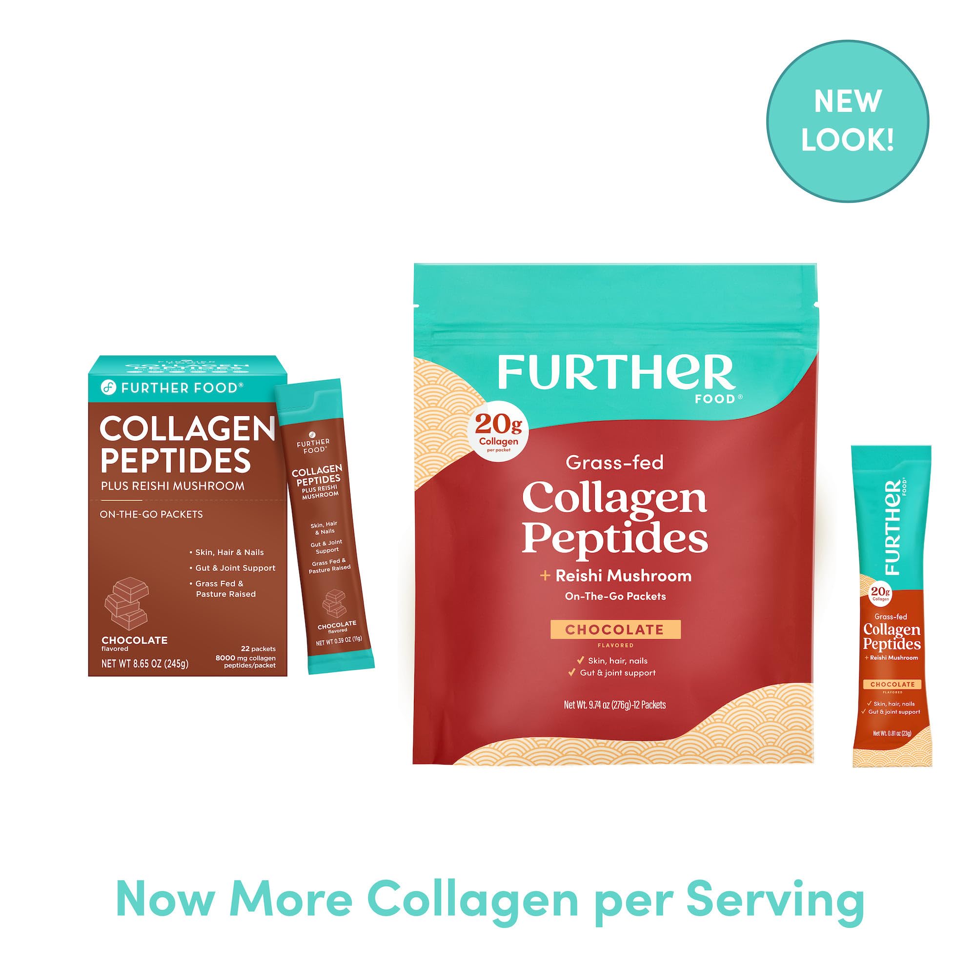 Further Food chocolate collagen stick pack ingredients close-up, showcasing real-food formula.