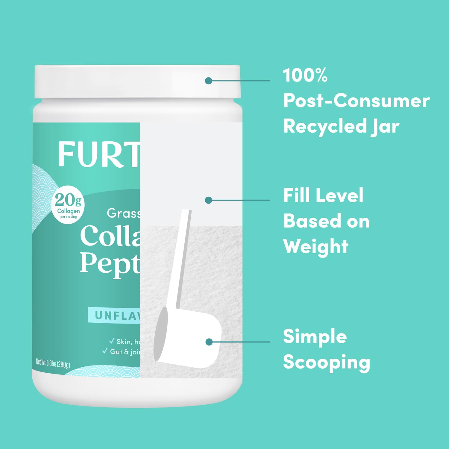 Further Food collagen peptides powder jar with clean nutrition and zero sugar.