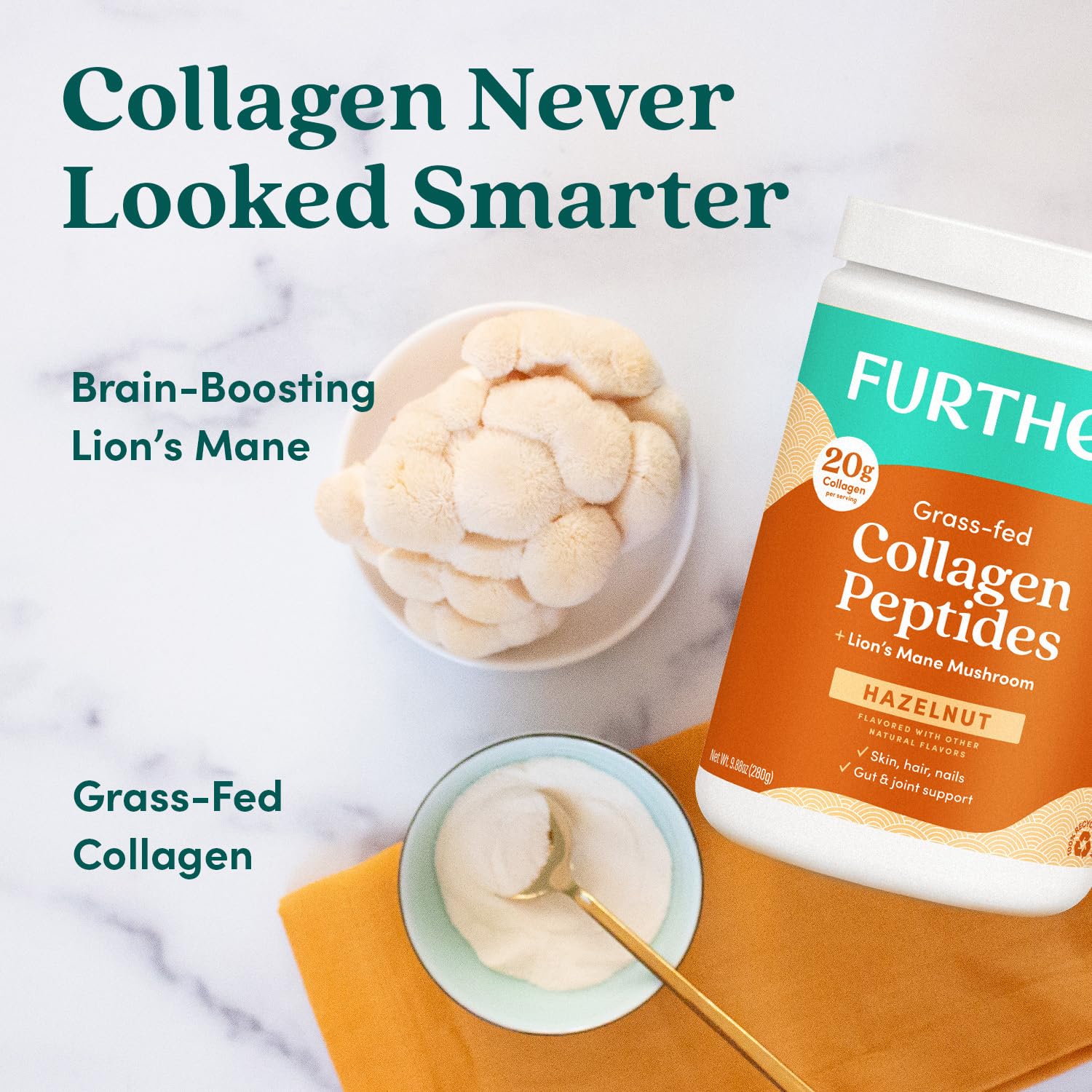 Further Food hazelnut collagen coffee mug showing easy mixing into hot beverages.
