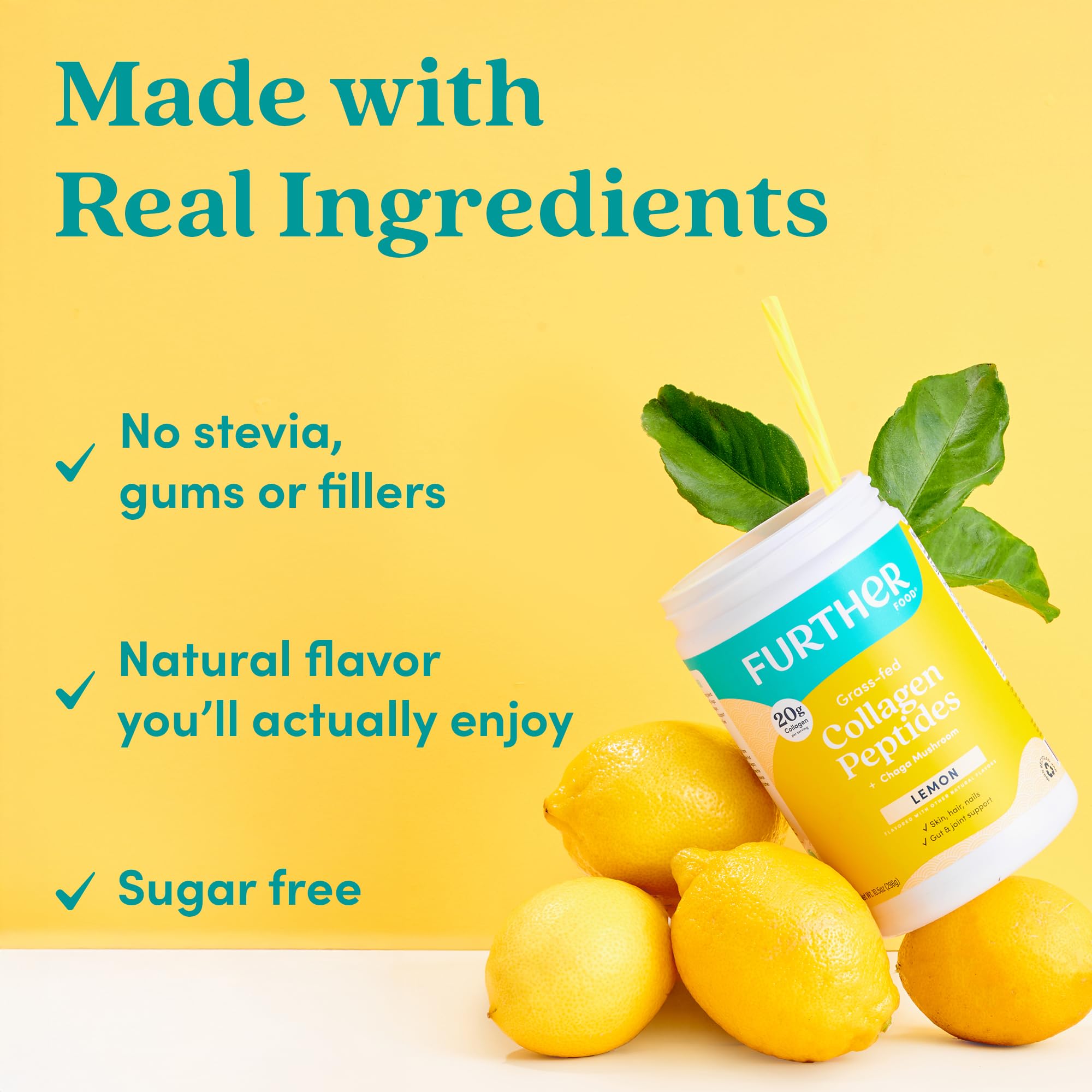 Scoop beside bottle highlighting 20g collagen per serving