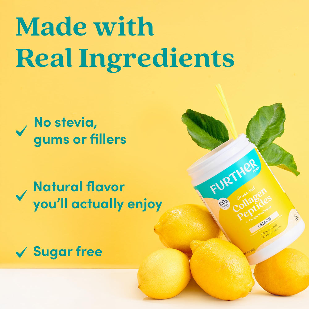 Scoop beside bottle highlighting 20g collagen per serving