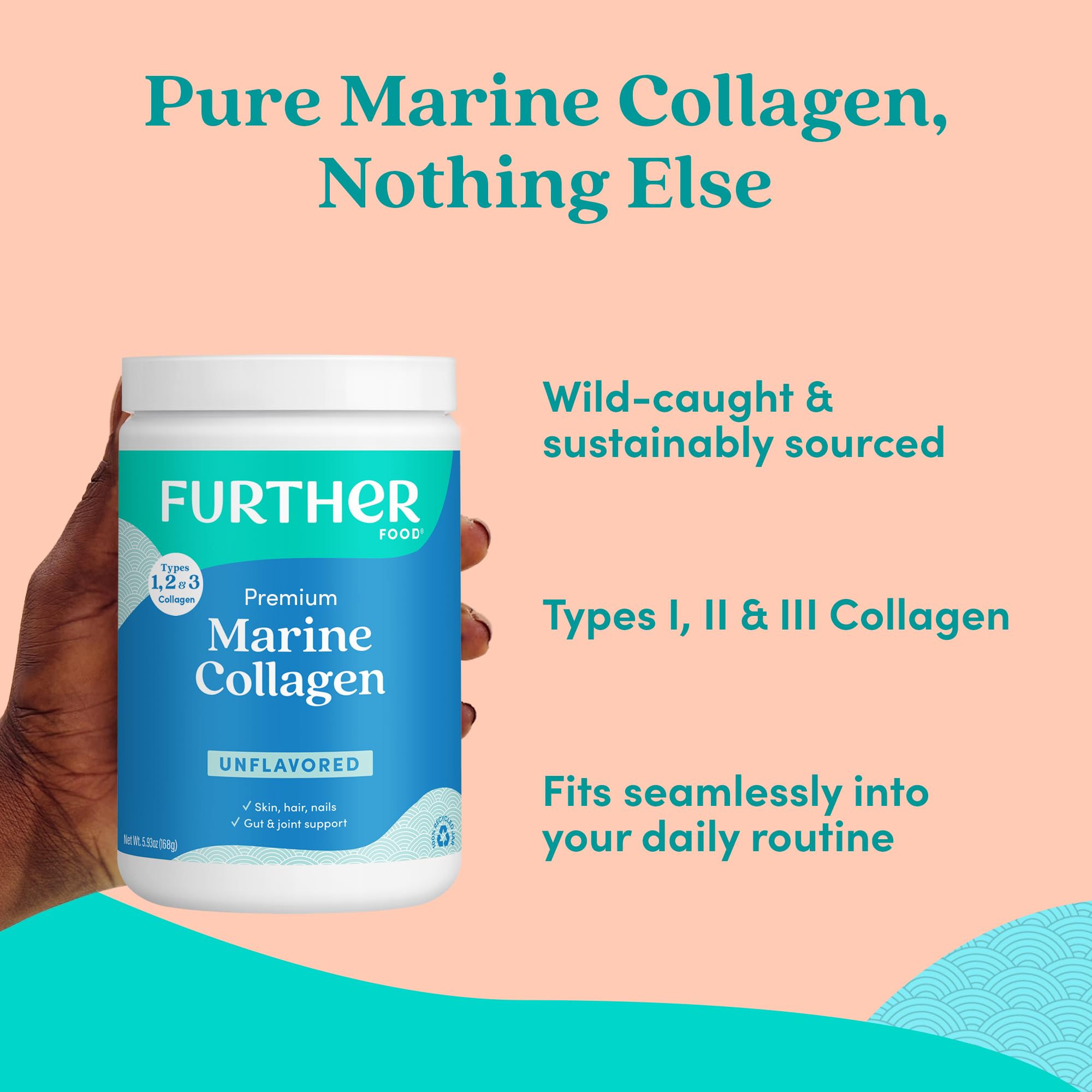 Further Food marine collagen powder dissolving in water showing quick mixing