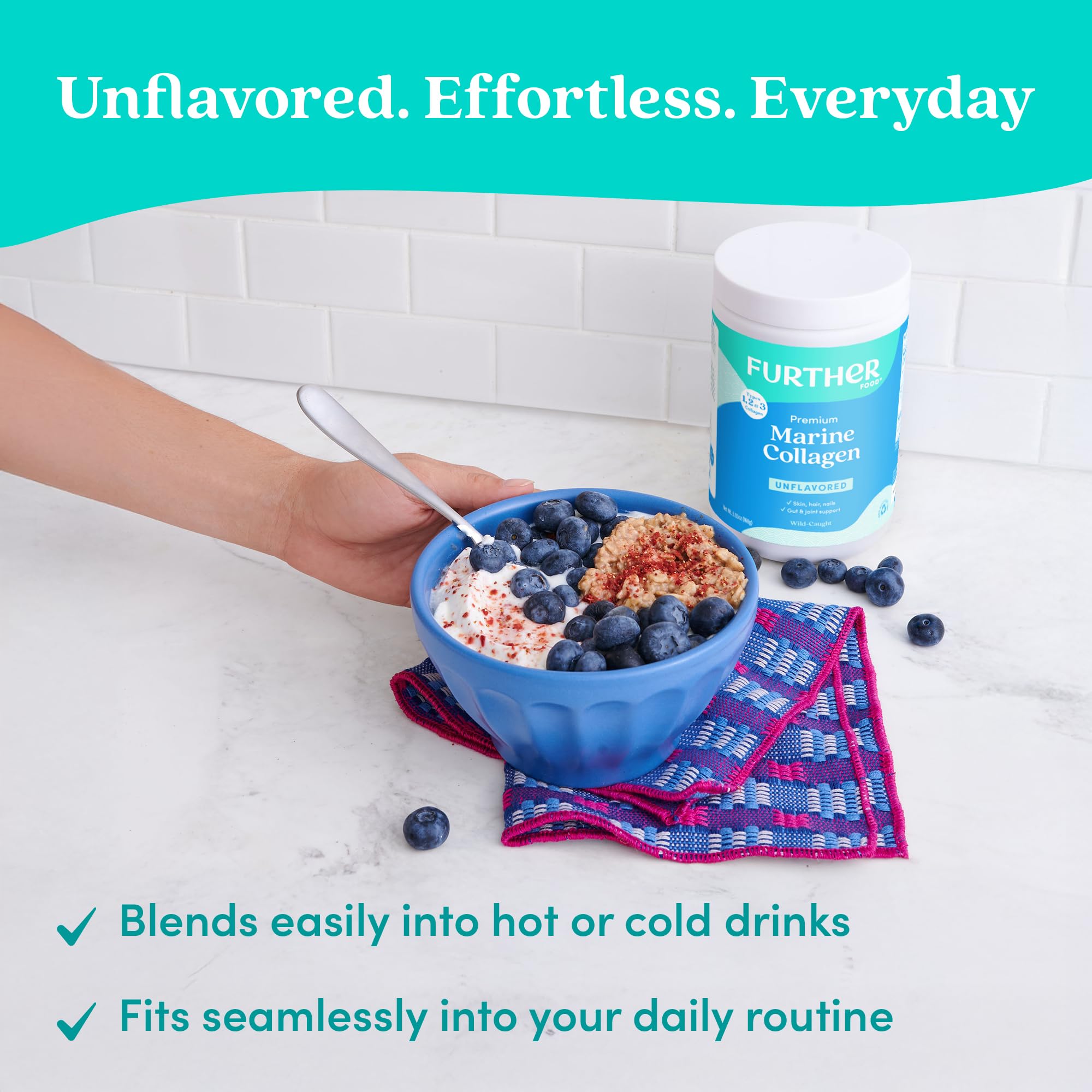 Further Food marine collagen smoothie-ready blend in a glass